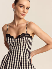 Gingham Spaghetti Strap Peplum Top with Lace Trim - Calestra