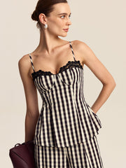 Gingham Spaghetti Strap Peplum Top with Lace Trim - Calestra