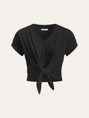 Knot Front V-Neck T-Shirt - Calestra