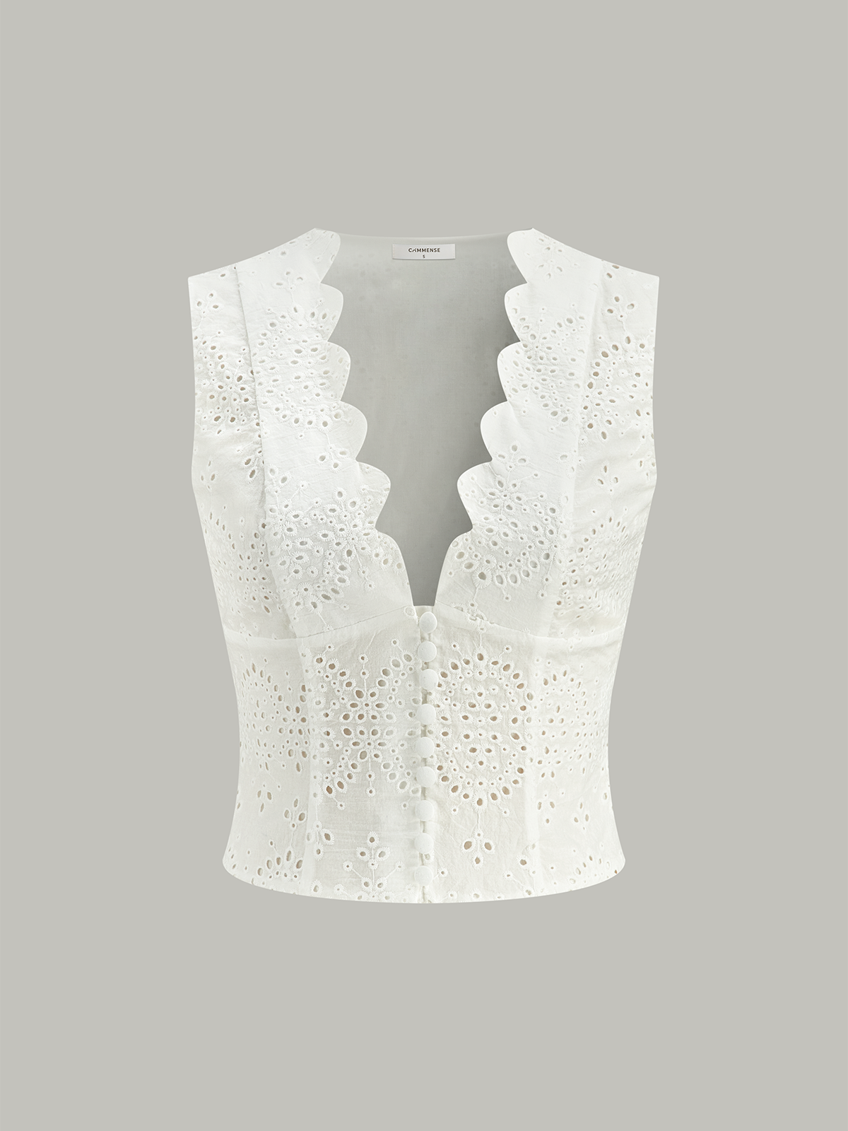 Scalloped Neckline Button-Front Eyelet Crop Top - Calestra