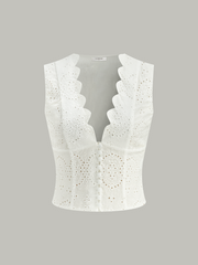 Scalloped Neckline Button-Front Eyelet Crop Top - Calestra