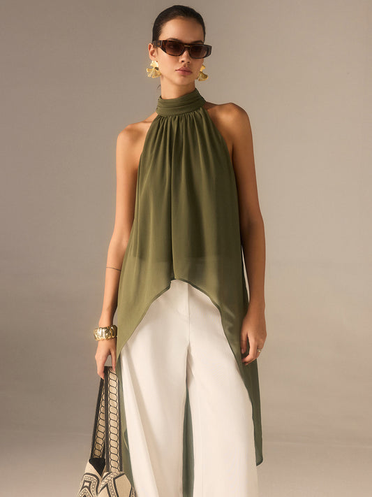 Halter-Neck Chiffon Long Top - Calestra