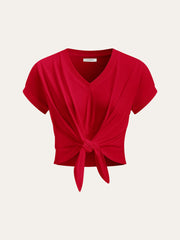 Knot Front V-Neck T-Shirt - Calestra