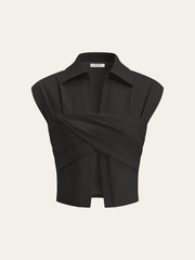 Linen Blend Cropped Blouse with Cross Wrap Detail - Calestra