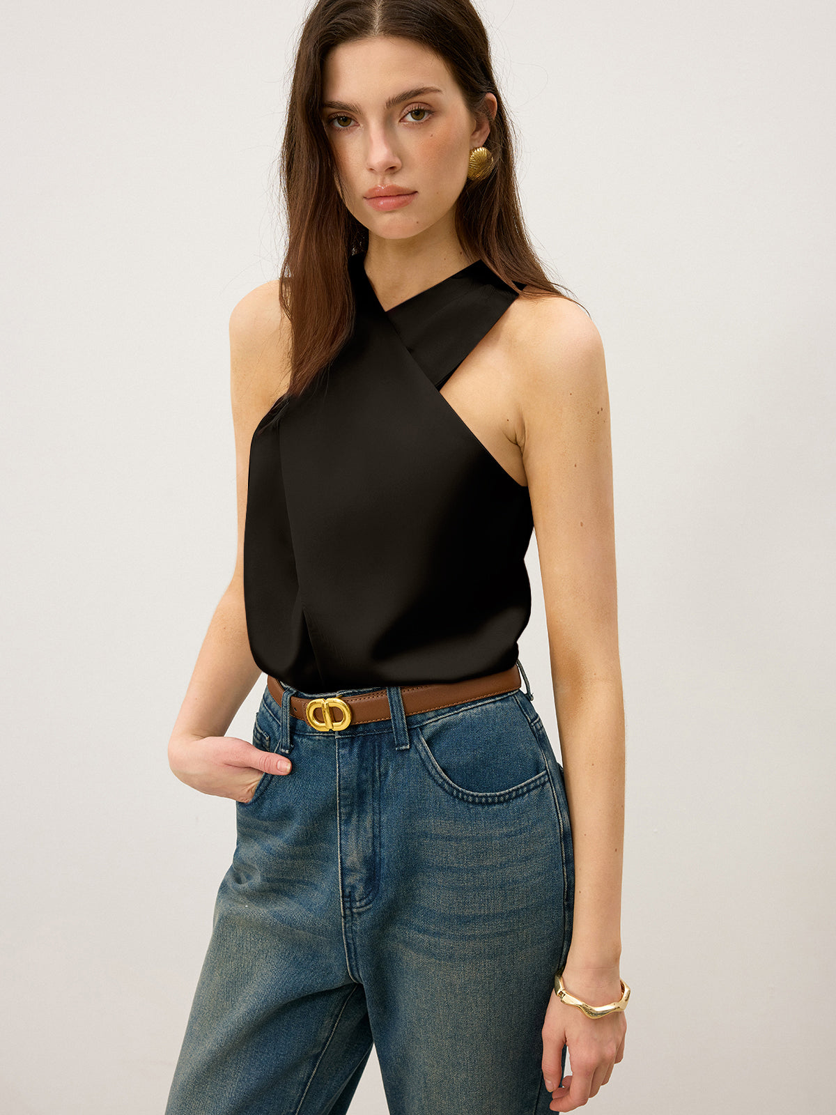 Satin Cross-Over Collar Tank Top - Calestra