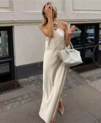 The Satin Bloom Maxi Dress | Champagne Elegance