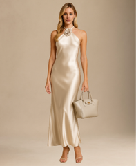 The Satin Bloom Maxi Dress | Champagne Elegance