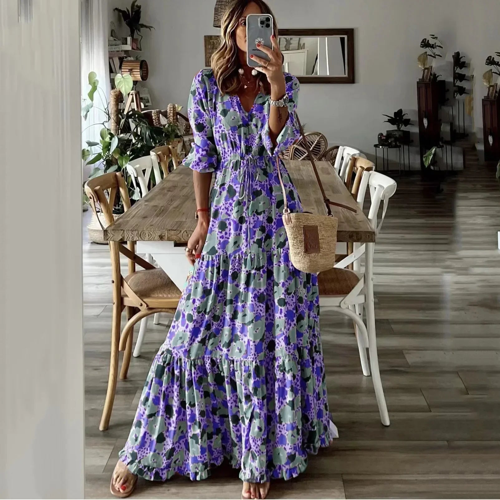 Liora | V-Neck Printed Swing Maxi Dress - Calestra