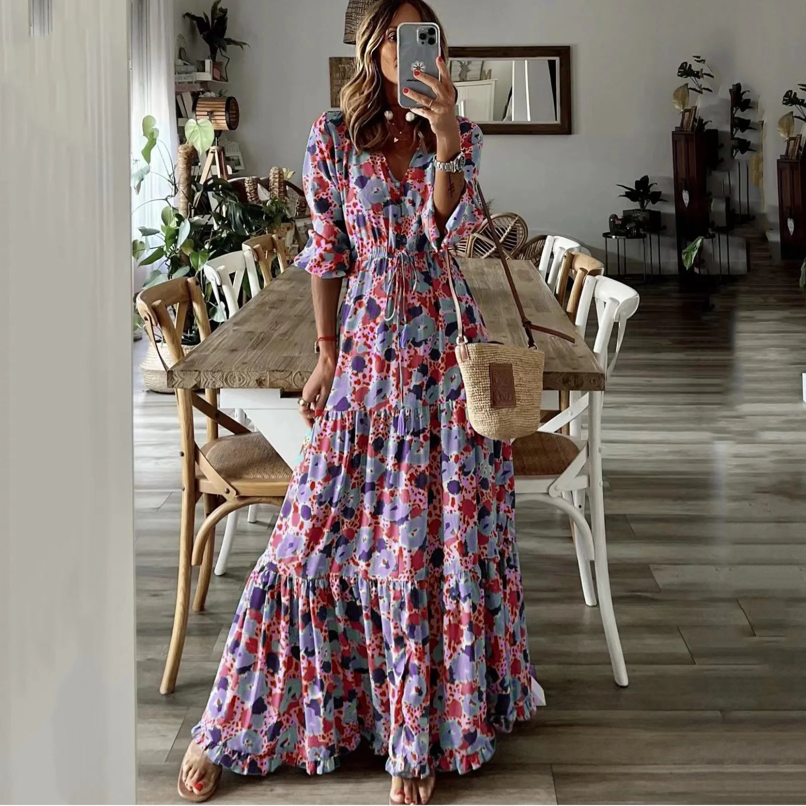 Liora | V-Neck Printed Swing Maxi Dress - Calestra