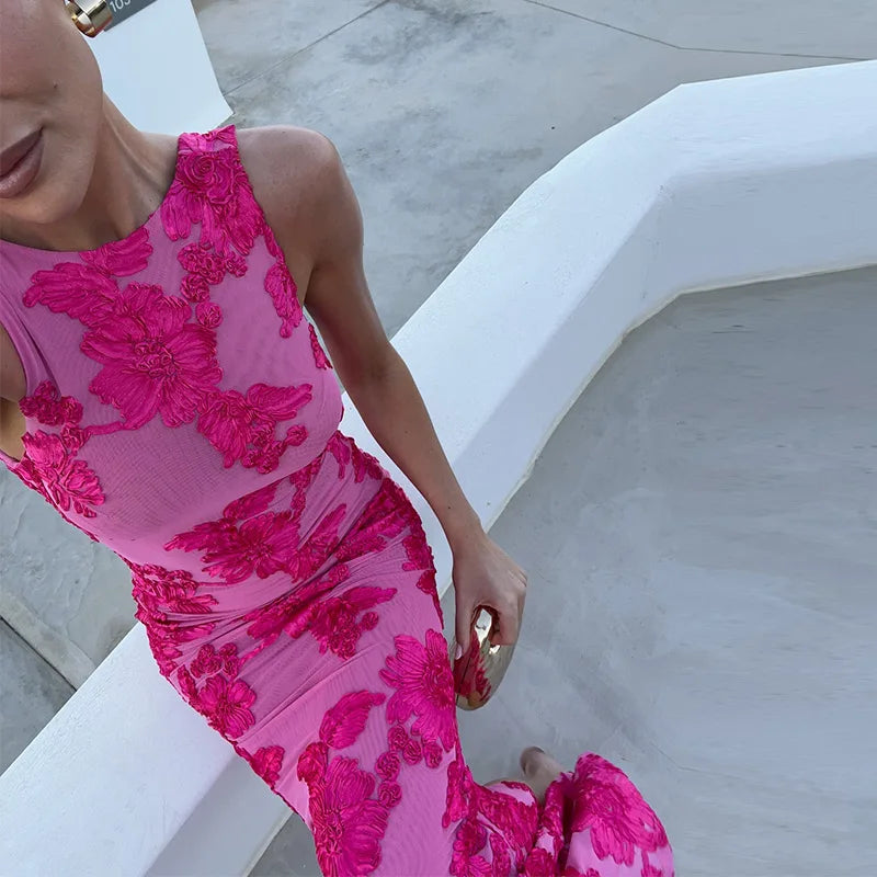 Iris | Floral Mesh Bodycon Evening Dress - Calestra