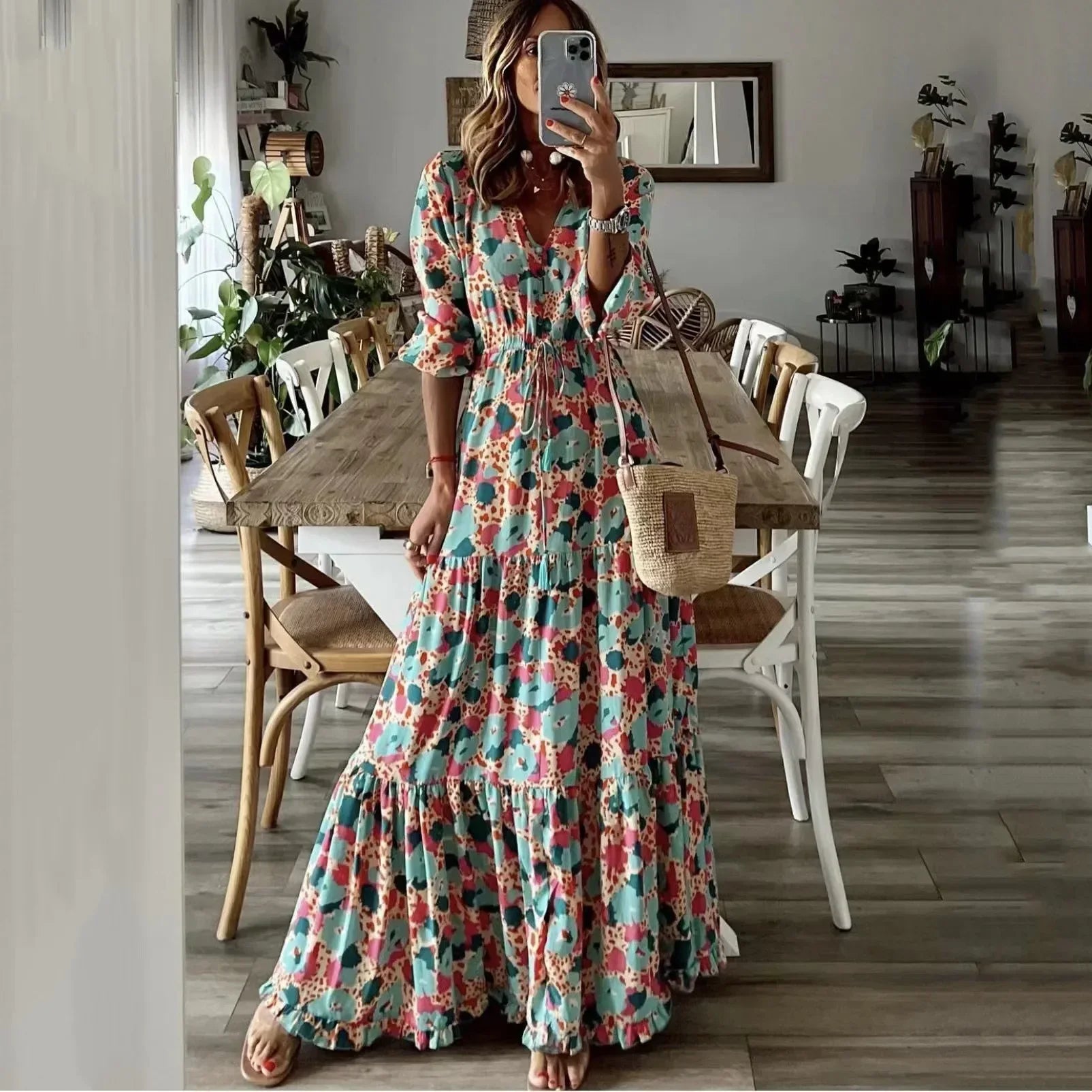 Liora | V-Neck Printed Swing Maxi Dress - Calestra
