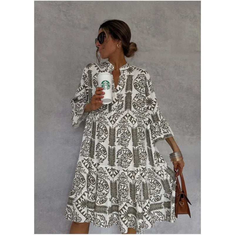 Adeline | Printed V-Neck A-Line Skirt Dress - Calestra