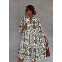 Adeline | Printed V-Neck A-Line Skirt Dress - Calestra