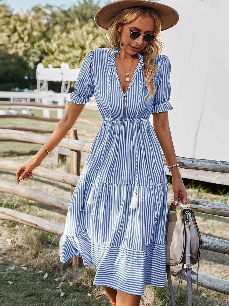 Maya | Striped Tassel V-Neck Dress - Calestra