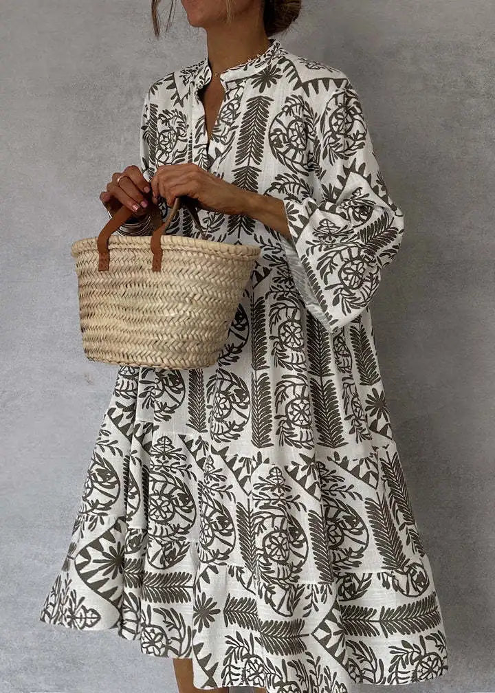 Adeline | Printed V-Neck A-Line Skirt Dress - Calestra