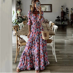 Liora | V-Neck Printed Swing Maxi Dress - Calestra