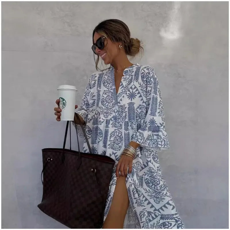 Adeline | Printed V-Neck A-Line Skirt Dress - Calestra