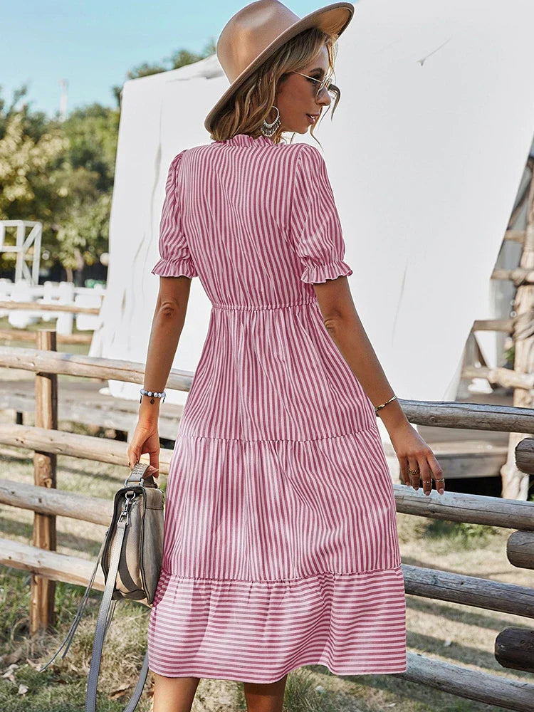 Maya | Striped Tassel V-Neck Dress - Calestra