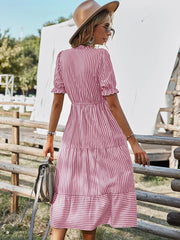 Maya | Striped Tassel V-Neck Dress - Calestra