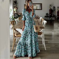 Liora | V-Neck Printed Swing Maxi Dress - Calestra