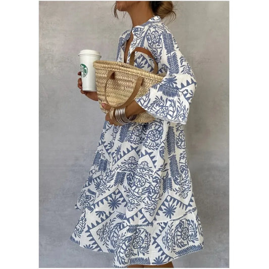 Adeline | Printed V-Neck A-Line Skirt Dress - Calestra