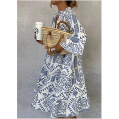 Adeline | Printed V-Neck A-Line Skirt Dress - Calestra