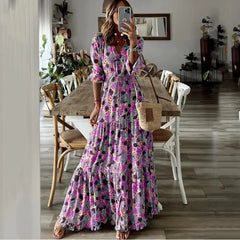 Liora | V-Neck Printed Swing Maxi Dress - Calestra