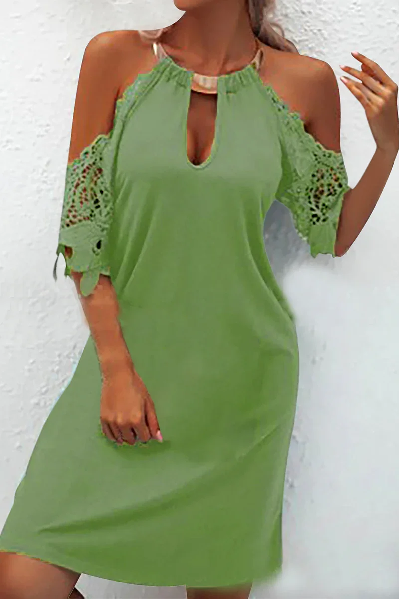 Naila - Elegant solid lace dress with metallic accessories and embellishments, with a belt line. - Calestra