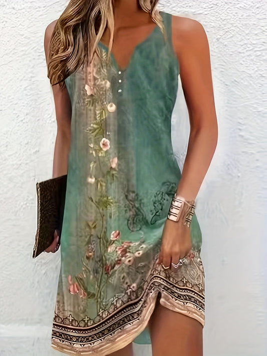 Harmoni - Floral Print Notched Dress - Calestra