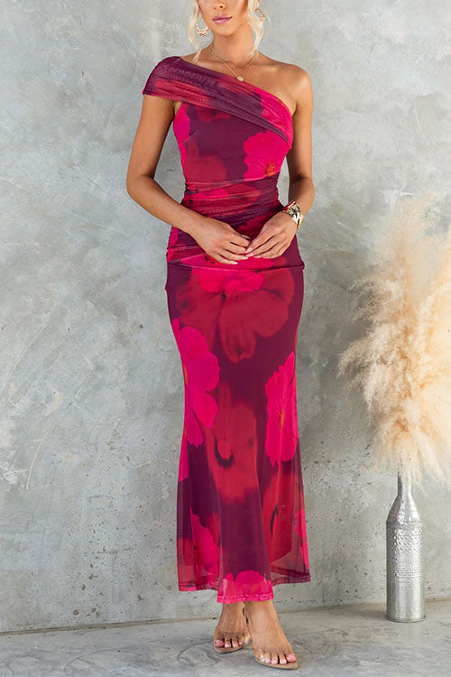 One Shoulder Floral Print Mesh Bodycon Maxi Dress - Calestra