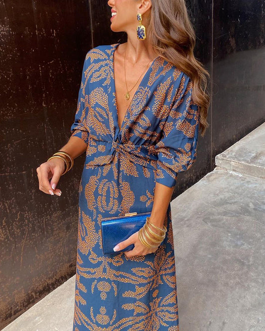 Janella - Vintage Draped Long Sleeve Midi Dress - Calestra