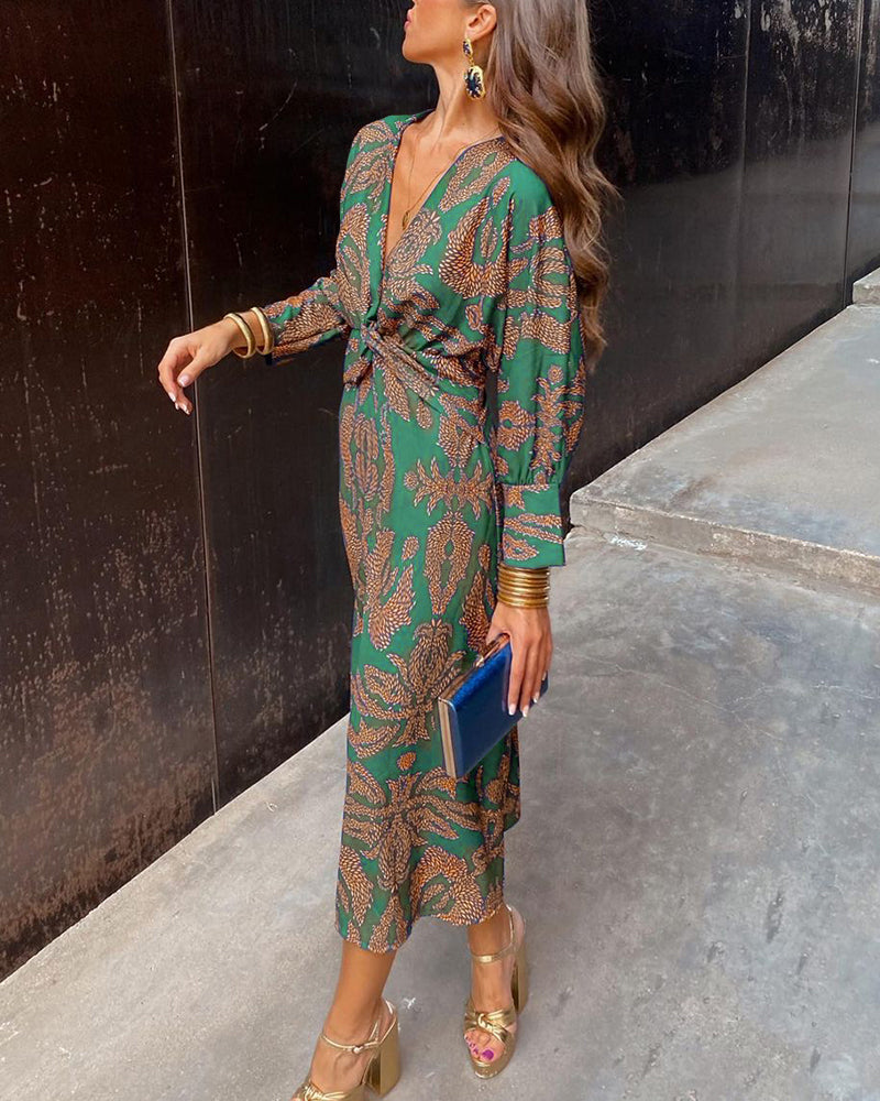Janella - Vintage Draped Long Sleeve Midi Dress - Calestra