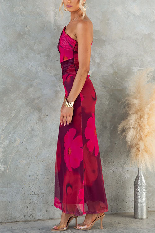 One Shoulder Floral Print Mesh Bodycon Maxi Dress - Calestra