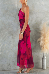 One Shoulder Floral Print Mesh Bodycon Maxi Dress - Calestra