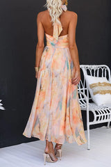 Halter Neck Open Back Waisted Watercolor Print Maxi Dress - Calestra