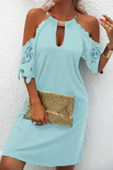 Naila - Elegant solid lace dress with metallic accessories and embellishments, with a belt line. - Calestra