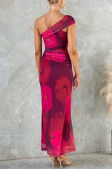 One Shoulder Floral Print Mesh Bodycon Maxi Dress - Calestra