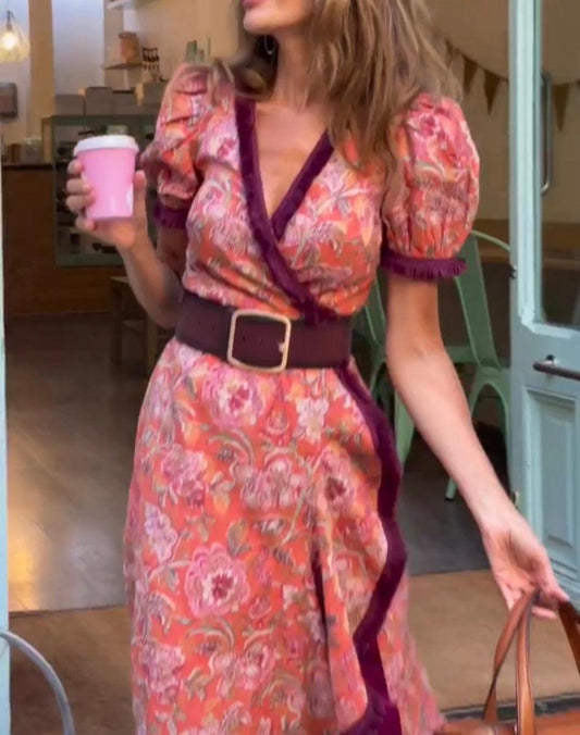 Elegant Pink Short Sleeve Maxi Dress - Calestra