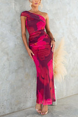 One Shoulder Floral Print Mesh Bodycon Maxi Dress - Calestra