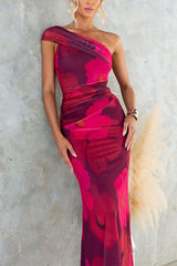 One Shoulder Floral Print Mesh Bodycon Maxi Dress - Calestra