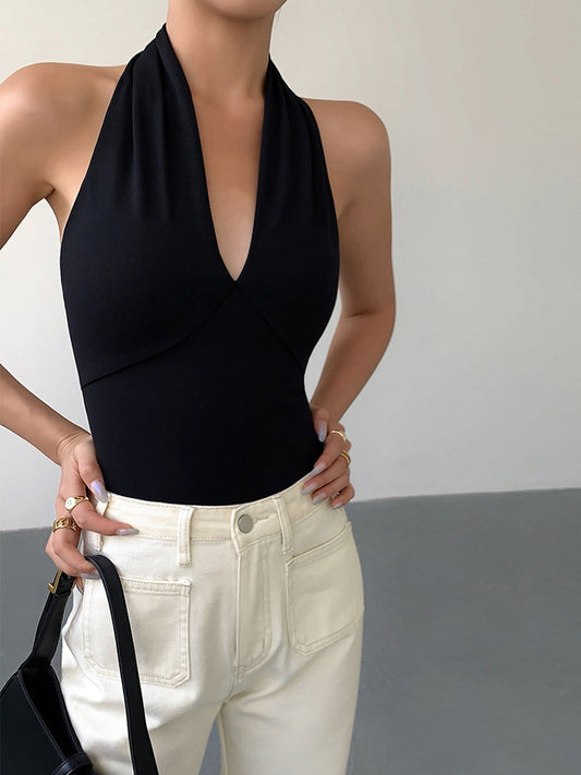 V-Neck Halter Open Back Tank Top - Calestra