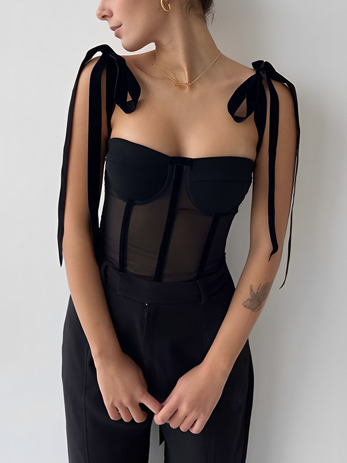 Semi-Sheer Tied Mesh Cami Crop Top - Calestra