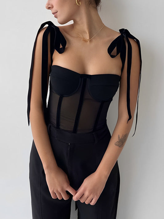 Semi-Sheer Tied Mesh Cami Crop Top - Calestra