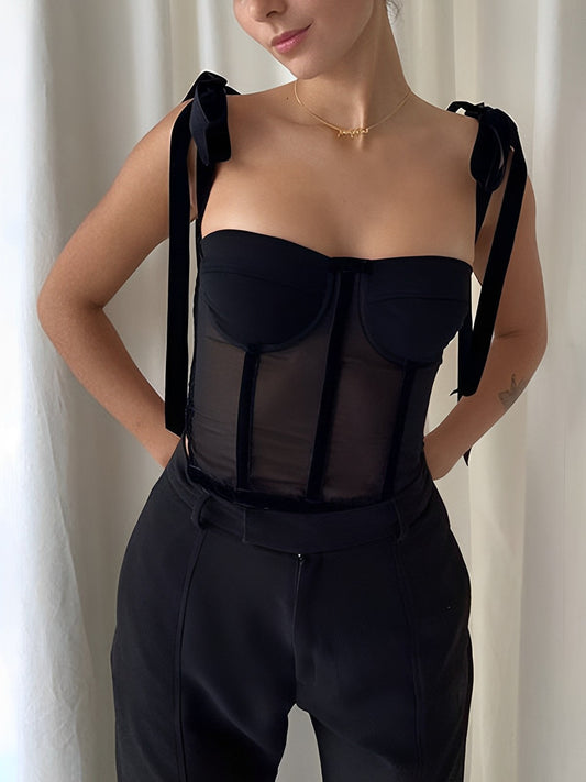 Semi-Sheer Tied Mesh Cami Crop Top - Calestra