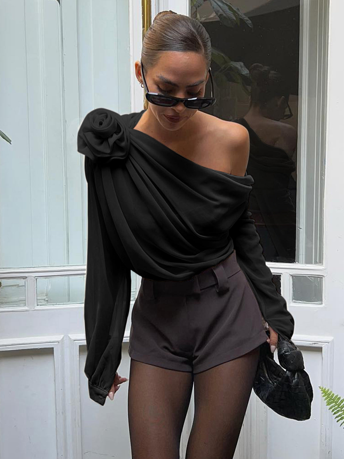 Chiffon Semi-sheer One Shoulder Asymmetrical Blouse - Calestra