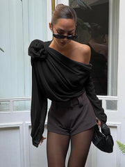 Chiffon Semi-sheer One Shoulder Asymmetrical Blouse - Calestra