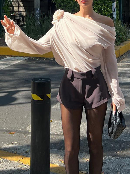 Chiffon Semi-sheer One Shoulder Asymmetrical Blouse - Calestra