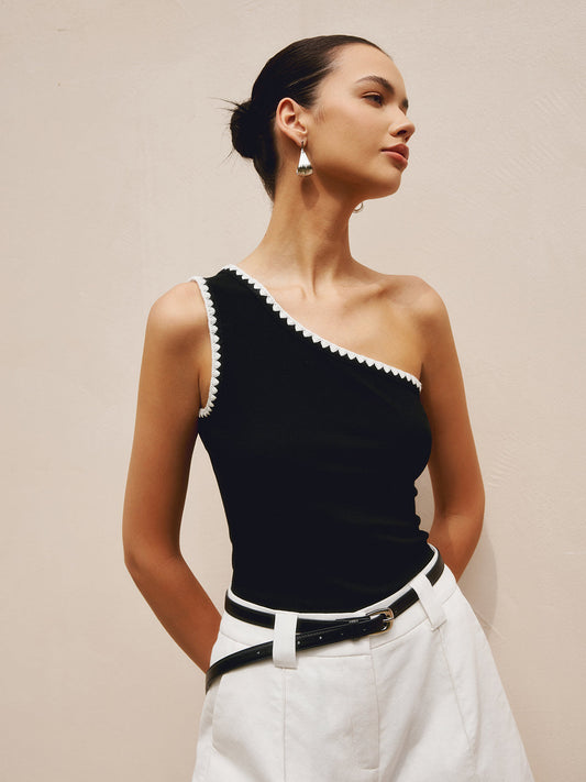 Contrast Trim One Shoulder Off Tank Top - Calestra