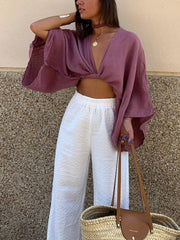 Tie-Front Long Sleeve Cropped Blouse - Calestra