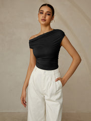 Asymmetrical Neck Sleeveless T-Shirt - Calestra
